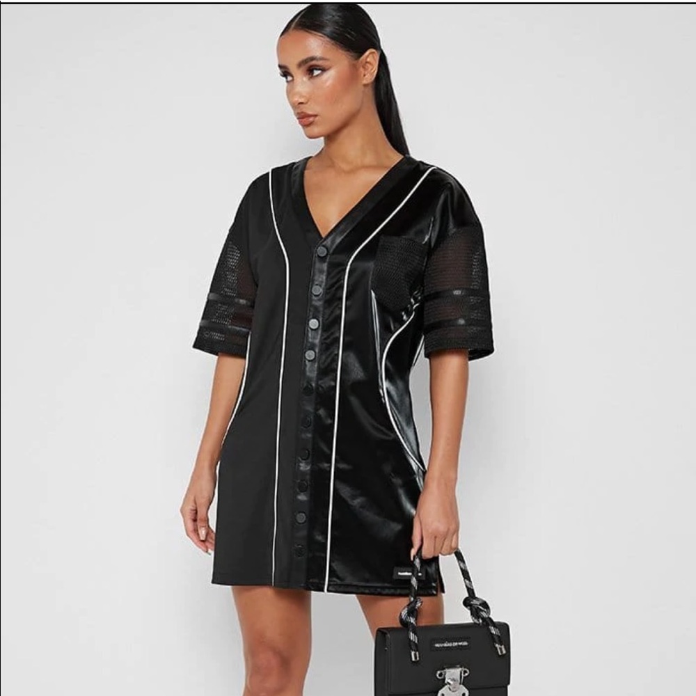 COPY - Maniere De Voir VEGAN LEATHER AND SATIN BASEBALL DRESS - BLACK size 6